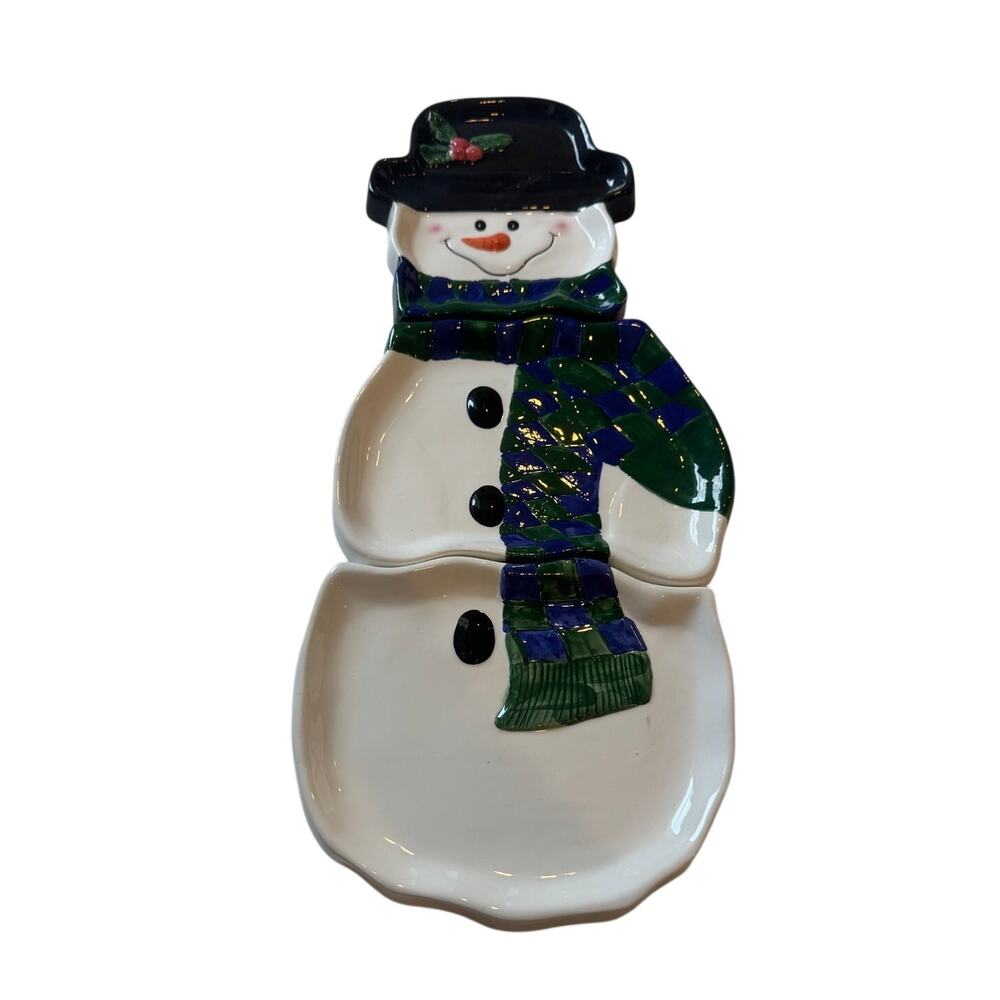 Vtg 3pc Snowman Snack Tray Ceramic White New